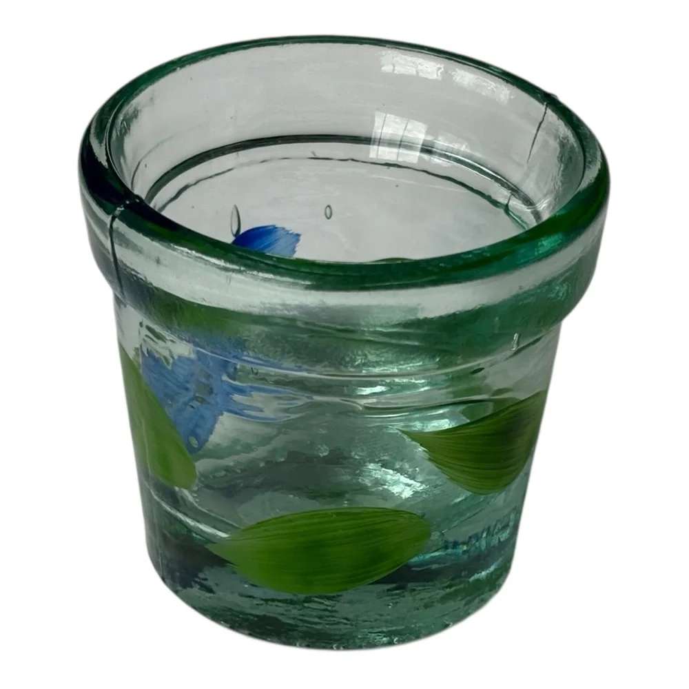 Crate & Barrel Green Glass Votive Tea Light Candle Holder Flower Hand Painted